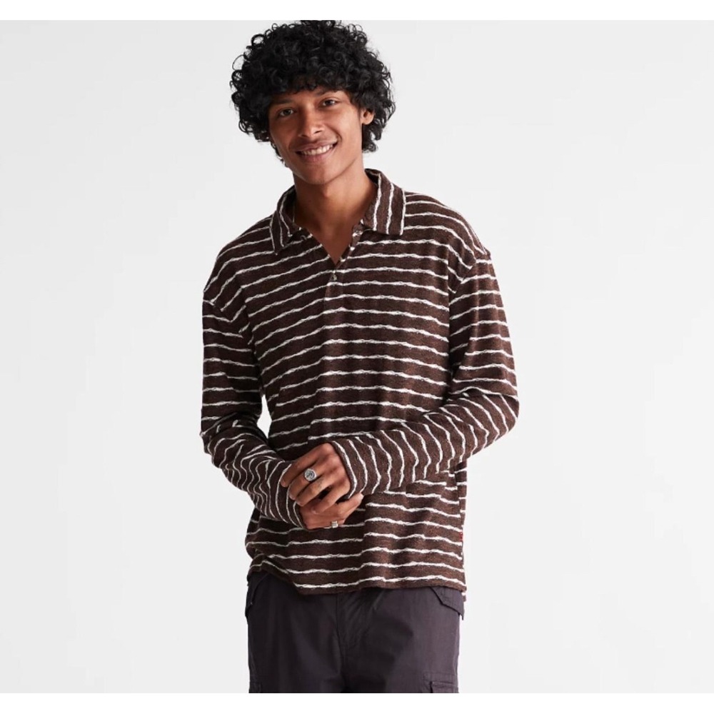 Urban Outfitters BDG Long Sleeve Polo Shirt Brown & White Retro Stripe Men Large